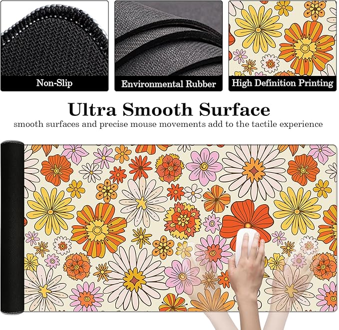 Orange Daisy Desk Protector, Stitched Edges Flower Mouse Mat, Large Office Mat, Non-Slip Blotter, Laptop Desk Pad, Floral Writing Pad for Office and Home (31.5" x 15.7")