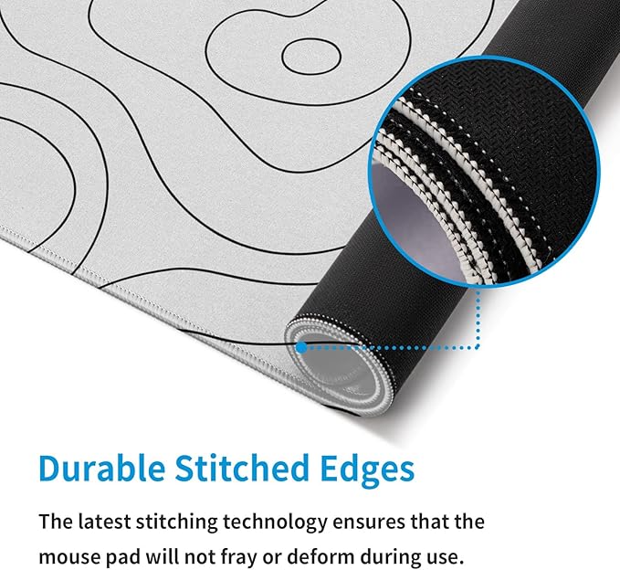 White Large Gaming Mouse Pad Desk Pad Topographic Map Big Keyboard Mat 31.5x11.8inch Computer Mousepad with Stitched Edge Non-Slip Rubber Base