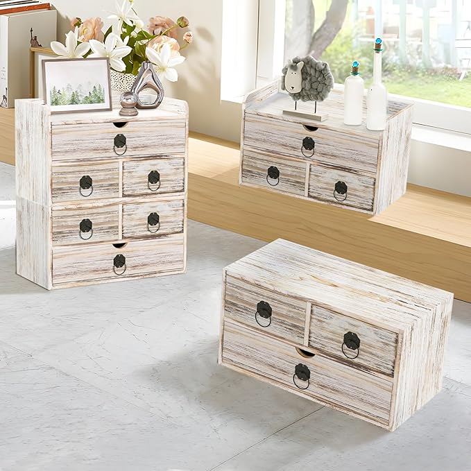 Vintage Wood Desk Organizer, Small Desk Organizer with Drawers, Tabletop Storage Organization Box for Office Home Toiletries Supplies, No Assembly Required (3 Drawer and Shelf)