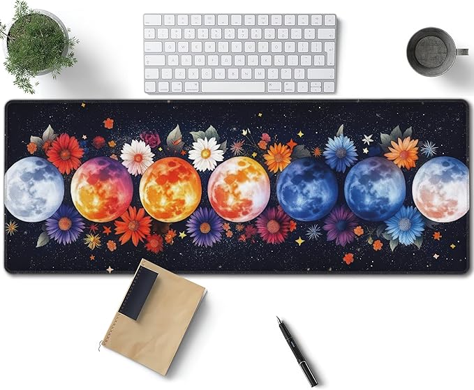 Colorful Moon Phases Large Mouse Pad, Watercolor Flowers Gaming Desk Mat, XL Keyboard Desk Pad Mat for Desktop, 31.5"x11.8" Non-Slip Base Big Mousepad with Stitched Edges