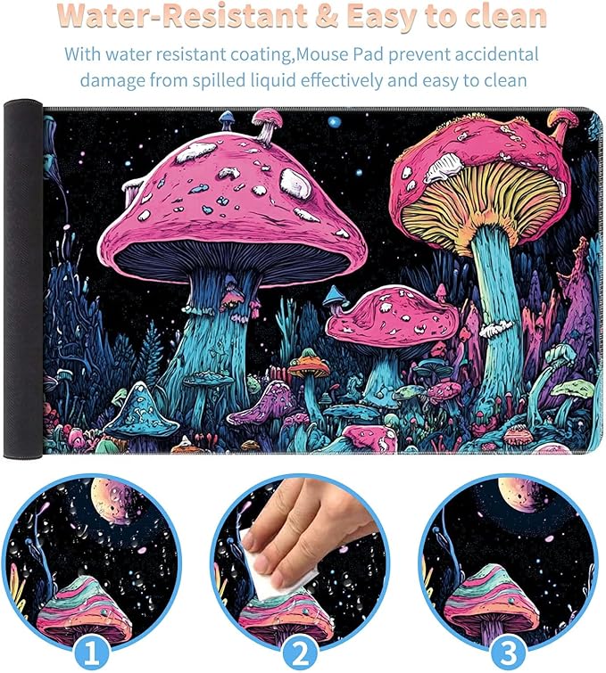 Desk Mat Large Gaming Mouse Pad (31.5x11.8 inch) with Stitched Edges, XL Mouse Pad +Coaster, Extended Mouse Mat Keybroad Mousepad Non-Slip Rubber for Gamer Men Women, Magic Mushrooms