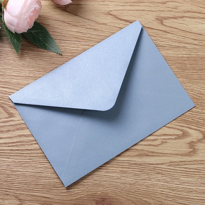 PONATIA 50 Pieces/lot A7 Envelopes, 5.25 X 7.25'' Dusty Blue Envelopes Perfect For 5x7 Weddings Invitation Cards, Graduation, Acrylic Invitations, Photos (Pearl White Liner + Dusty Blue)