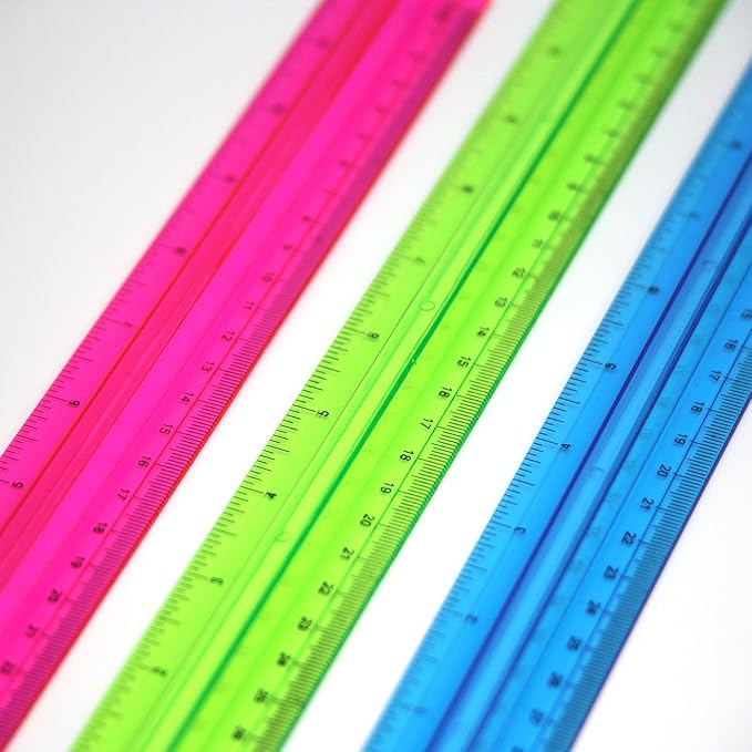 BAZIC Plastic Ruler 12" (30cm) w/Handle Grip, Inches Centimeter Metric Measuring Drafting Rulers, for Students School Supplies, Assorted Color, 6-Pack