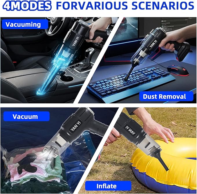 Car Vacuum Portable Cordless: 5000PA Handheld Vacuum Cleaner,6 in 1 Air Duster and Vacuum Cleaner with Multi-Nozzles,120W Rechargeable High Power Suction & Blower for Car, Home, Office, Pet Hair