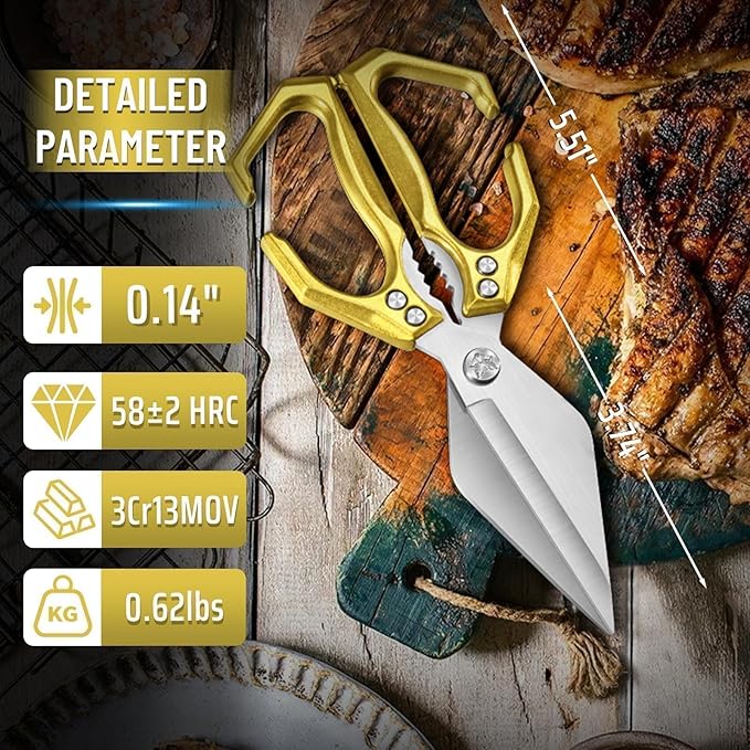 Dream Reach Heavy Duty Poultry Shears Kitchen Scissors for Food with Ergonomic Handle, Japanese High-Carbon Steel Cooking Scissors for Kitchen, Chicken, Meat, Seafood, Bone Cutting (Gold)
