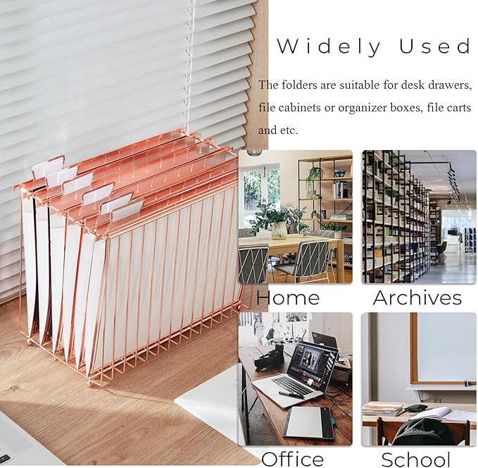 Y YOMA 1 Pack Rose Gold Desktop Hanging File Organizer | 12 Pack Rose Gold Pocket Hanging File Folders with Tabs & Insert | Letter Size Metal File Kit for Desk Home Office, I Shaped