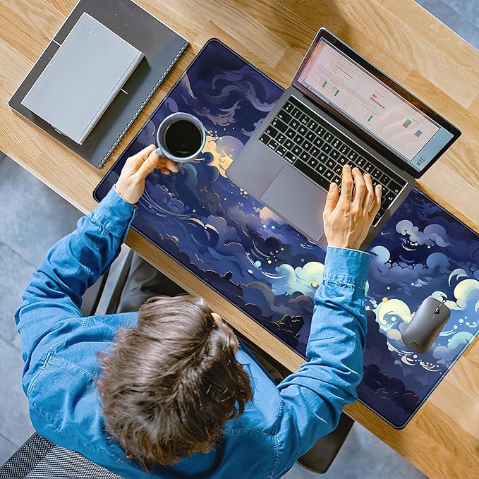 Blue Clouds Desk Mat Large XXL Gaming Mouse Pad Non-Slip Rubber Base Mousepad, Cool Office Desktop Decor Desk Pad, Computer Laptop Keyboard and Mouse Mat with Stitched Edges, 31.5x15.75 in