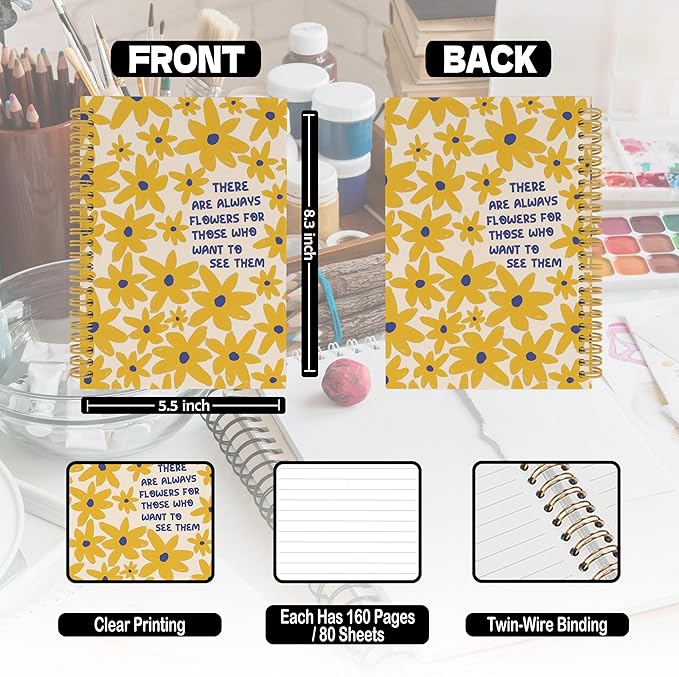 Inspirational Yellow Floral Spiral Notebook, Motivational Floral Journaling Notebooks for Note Taking, Flower Hardcover Journals for Women 160 Pages 5.5x8.3 Inch, Mental Health Gifts for Women