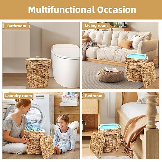 3 Gallons Wicker Waste Basket Can with Lid & Liner, Handwoven Wastebasket Wastepaper Basket with 60Pcs Bag, Wicker Trash Garbage Rubbish Can Bin Basket for Bedroom Bathroom Kitchen Office