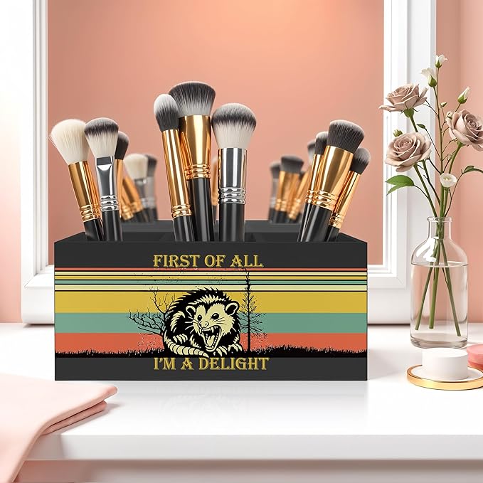 Sarcastic Angry Opossum Pencil Pen Holder for Desk, First of All I'm A Delight Wooden Pencil Holder Organizer for Home Office Desk Accessories, Funny Office Gifts for Women Men