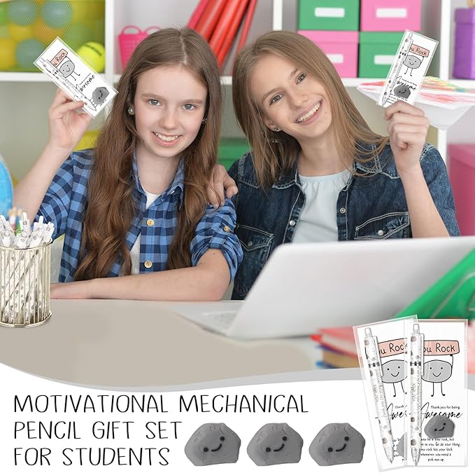 60 Sets Christmas Inspirational Gifts You Rock Pencils Bulk 6 Styles 0.7 mm Mechanical Pencils with Erasers Positive Cards for Xmas Holiday Student Teacher Coworker School Office Supplies