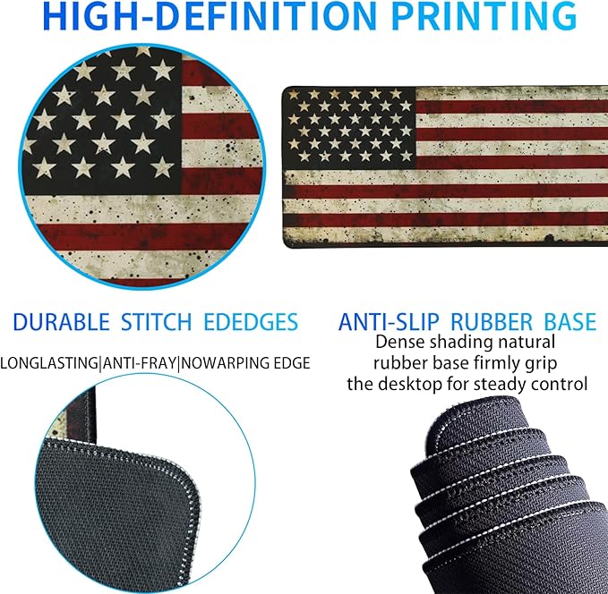 American Flag Gaming Mouse Pad, Large Mouse Pad for Desk Mat XL Mousepad, Stitched Edges Non-Slip Rubber Base Mouse Pads for Computers Laptop (USA Flag-Large-White)