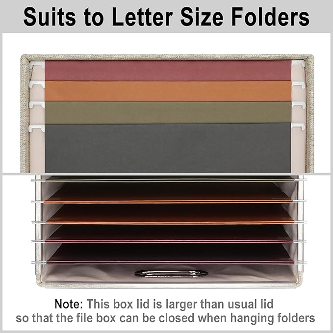 File Organizer Box, Collapsible Storage Filling Collectior with Lid for Letter Legal Size Hanging Folders Decorative Linen File Folder Box Document Storage Filing Bin, Beige 2 Pack