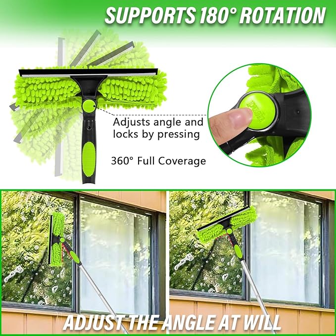RIZENCE 4.5M/14.7ft Window Cleaning Squeegee Tools, 3-in-1 Window Washing Kit with 10 Extension Pole, 2 Microfiber Cloth Brush & Squeegee, Telescopic Window Cleaner Tool for High Window, Car Glass
