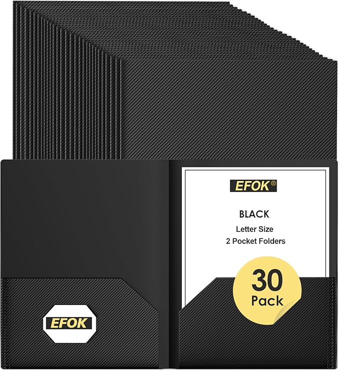 30 Pack Heavy Duty Black Plastic Folders with 2 Pockets Bulk, Textured File Folders with Business Card Slot, Letter Size Filing Supplies for Back to School & Office Organization