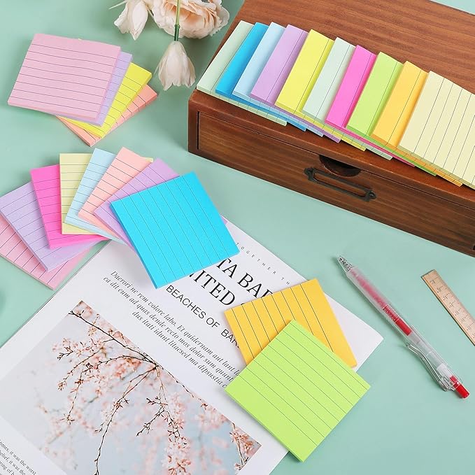 (24 Pack) Lined Sticky Notes 3x3 in Ruled Stickies Super Sticking Power Memo Pads,12 Bright Multi Colors Sticky Notes with Lines Self-Stick Note Pads