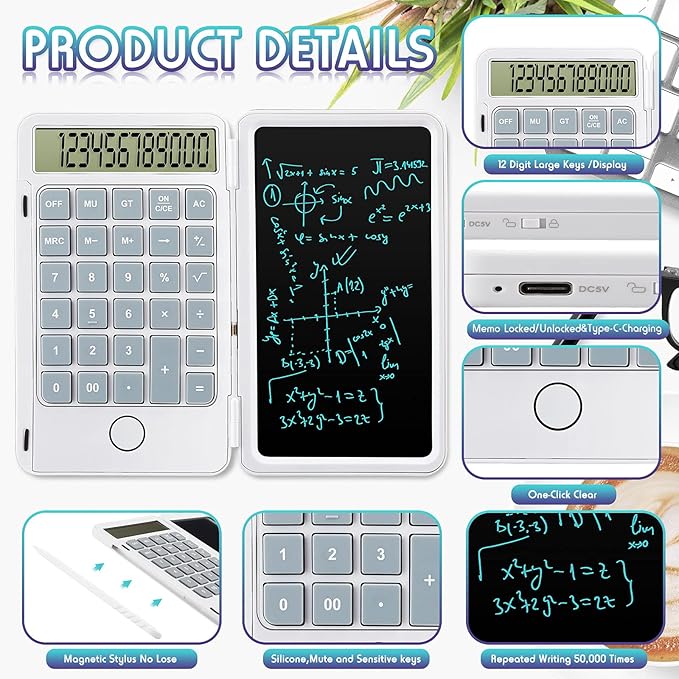 Hion Calculator,12-Digit Large Display Office Desk Calcultors with Erasable Writing Table,Rechargeable Hand held Multi-Function Mute Pocket Desktop Calculator for Basic Financial Home School (White)