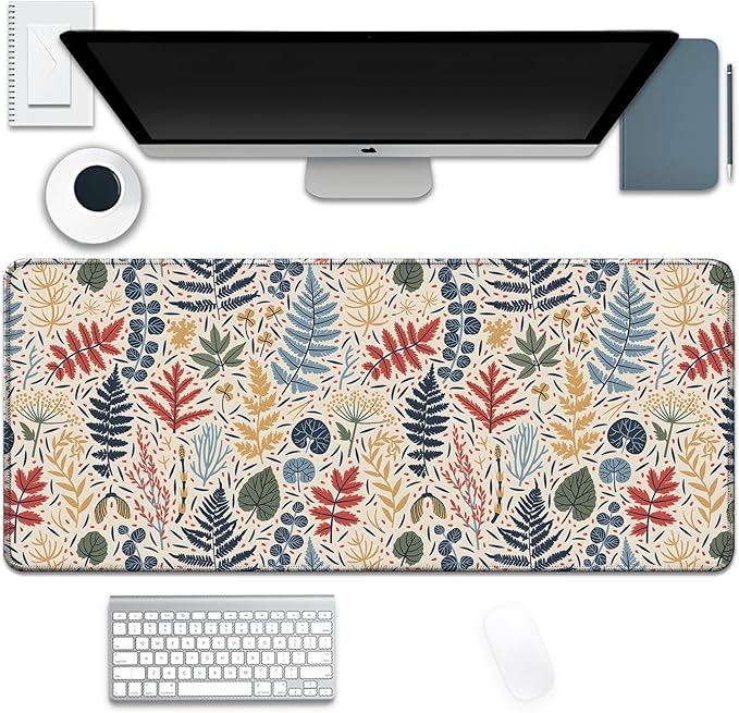 Bohemian Leaves Mouse Pad,Large Vintage Abstract Mousepad Desk Pad with Stitched Edges,Non-Slip Waterproof Rubber Base Mouse Mat for Office Computer Keyboard Laptop Home(27.5x11.8 in)