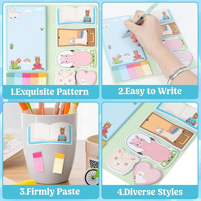 B1ykin Sticky Notes Set, Cartoon Theme Cute Self-Stick Notes Pad Teacher Appreciation Gifts， Self-Adhesive Writing Memo Pages Sticky to Do Notepad Thank You Gift for School Classroom (Amazing Alpaca)