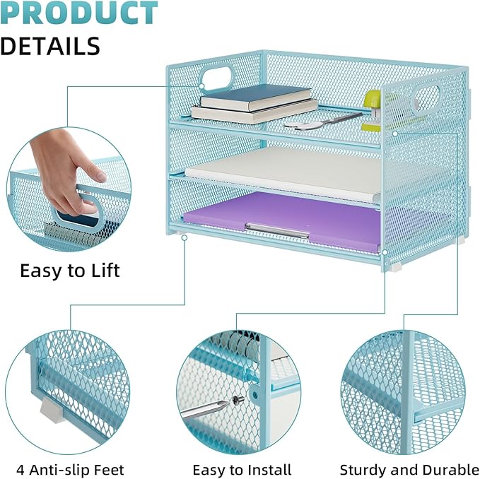 Marbrasse 3 Tier Paper Organizer Letter Tray, Mesh File Organizer with Handle, Paper Sorter Desk Organizer for Home Office Supplies - 2p Blue