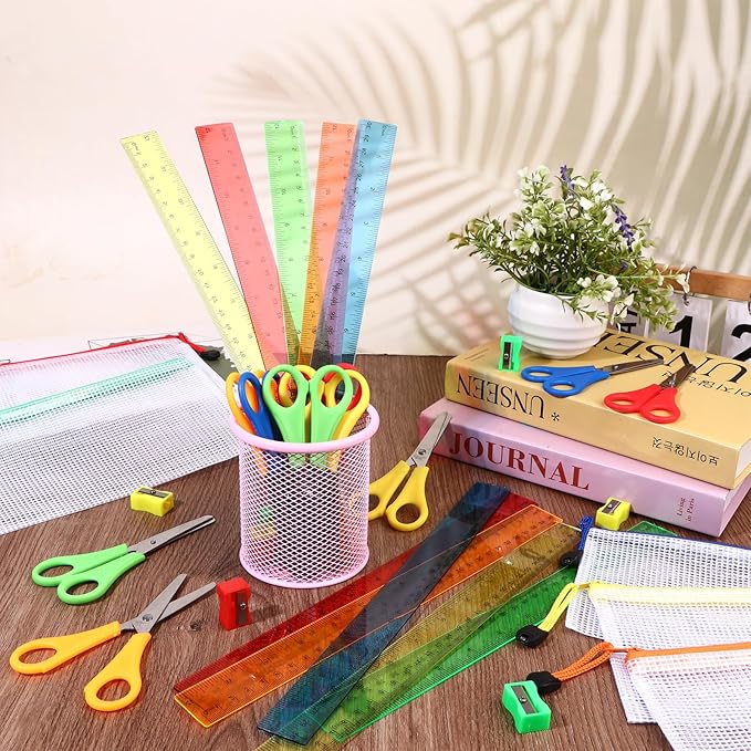 200Pcs School Supplies Kit Bulk Include 50Pencil Sharpeners 50 Pencil Pouches Bulk 50 Safety Blunt Tip Student Scissors 50 12Inch Plastic Rulers Back to School Supply for Student Office