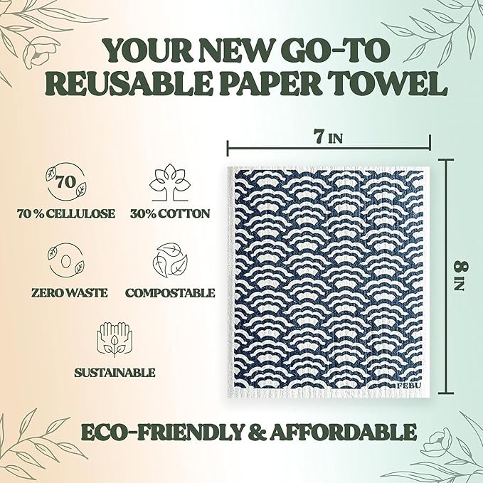 FEBU Swedish Dishcloths for Kitchen | 5 Pack Stamps Reusable Paper Towels Washable | Swedish Dish Towels | Non-Scratch Cellulose Sponge Cloths | No Odor, Biodegradable Cleaning Cloths