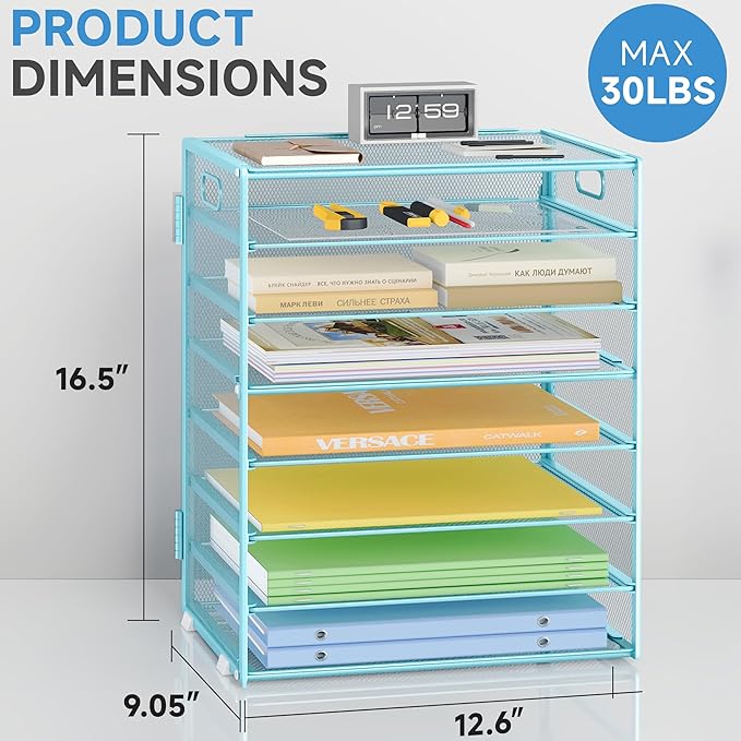 8 Tier Paper Organizer with Handle, Metal Mesh Desk File Organizer, Large Capacity Desk Organizers Paper Letter Tray Desktop Document Sorter for Office, Home or School - Blue
