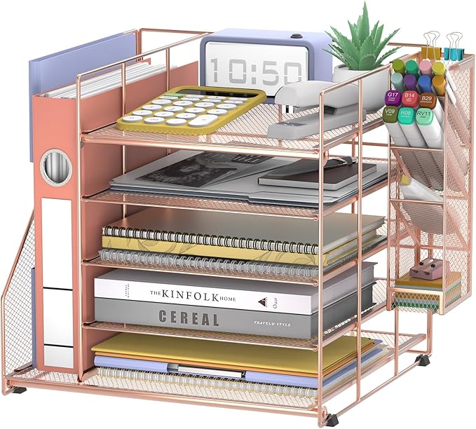 Desk Organizer with Magazine Holder, 5-Tier Paper Organizer for Desk with Pen Holder, Paper Letter Tray for Home, Office or School Supplies, Rose Gold