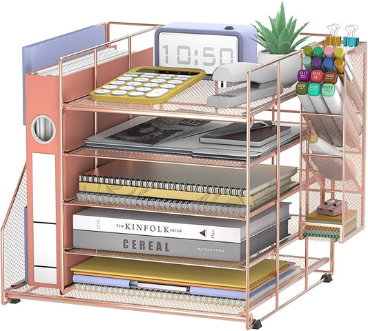 Desk Organizer with Magazine Holder, 5-Tier Paper Organizer for Desk with Pen Holder, Paper Letter Tray for Home, Office or School Supplies, Rose Gold