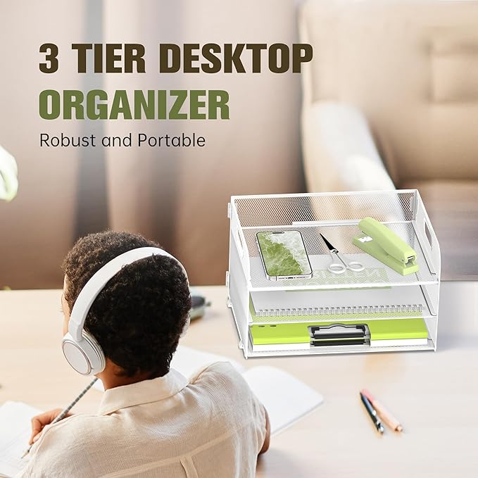 Daltack 3-Tier Paper Organizer With Handle, Mesh Desk Letter Tray for A4 File Folder, White