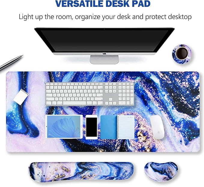 ARTSO Large Gaming Mouse Pad, Keyboard Wrist Rest Pad & Wrist Support Mousepad Set, Stitched Edge, Extended, Non-Slip Base, Memory Foam,Multifunctional Desk Mat 4pcs for Office & Home, Purple Marble