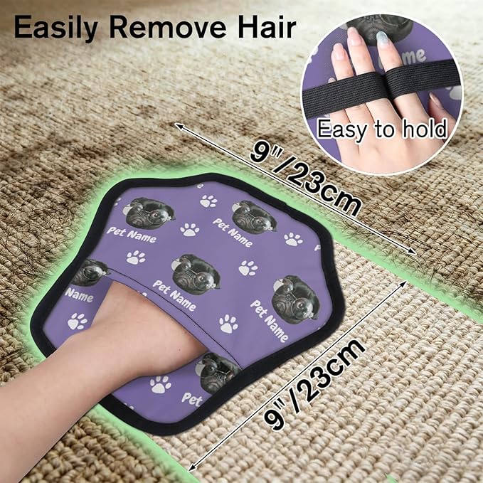 Personalized Pet Hair Remover Glove for Dogs & Cats - Custom Photo & Name Magic Brush for Dog Cat Hair Removal, Reusable Electrostatic Pet Hair Gloves for Furniture Carpet Couch, Face Paw Purple