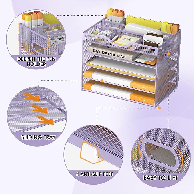 5 Tier Paper Letter Tray with 3 Drop-in Pen Holders, Mesh Desk File Organizer with Handle, Desk Organizers and Accessories for School,Home, Office Supplies Storage-Purple