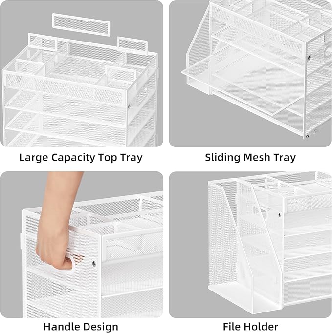 Marbrasse 5-Tier Desk Organizer with File Holder,Paper Letter Tray Organizer,Desktop File Organizer with Adjustable Compartments,Mesh Desk Organizers and Accessories for Office Supplies,White