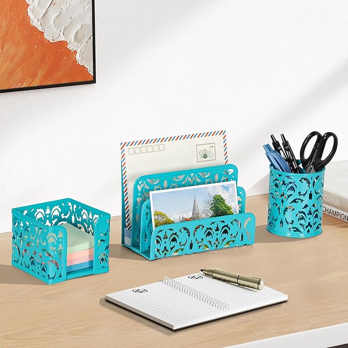 EasyPAG Desk Organizers and Accessories 3 Pieces Office Organizer Set - Pen Holder for Desk, Mail Sorter Countertop and Sticky Note Holder, Dark Teal