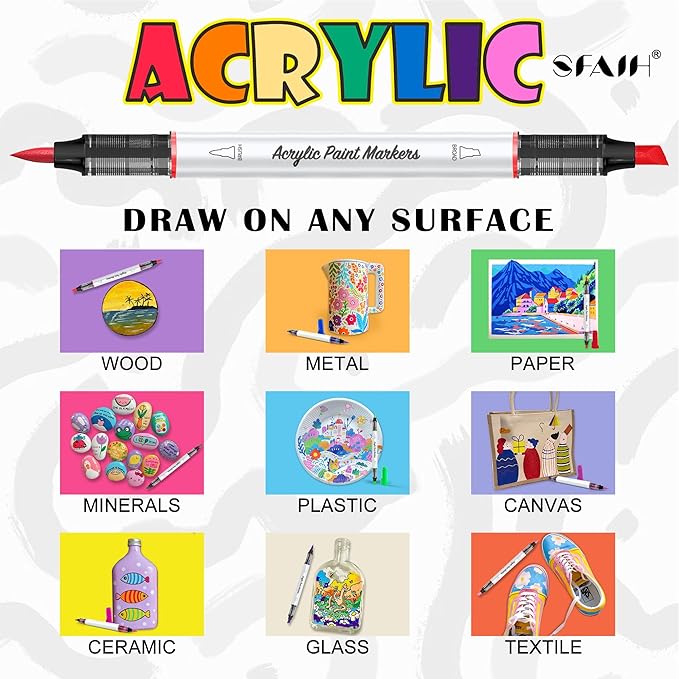SFAIH Halloween Gifts Acrylic Paint Markers, 36 Colors Dual Tips Acrylic Brush Markers With Chisel Tip, Automatic Ink Control, Ultra-High Coverage, No Bleed Ink, Art Supplies for Rock, Canvas, Fabric