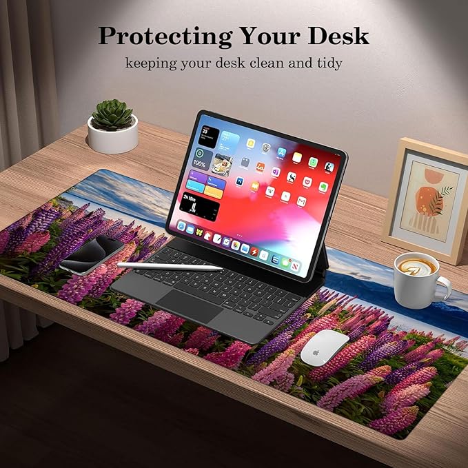 Desk Pad Protector, Mouse Pad, Office Desk Mat, Non-Slip PU Leather Desk Blotter, Laptop Desk Pad, Waterproof Desk Writing Pad for Office and Home (Lupine Flower)