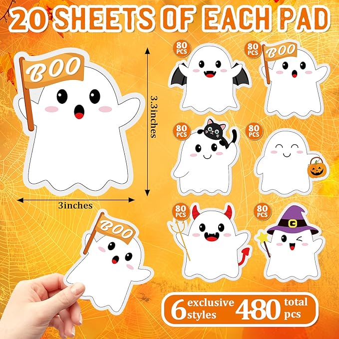 24 Pads Halloween Sticky Notes, Cute Boo Ghost Post It Notes 6 Designs, Halloween Memo Notepads for School Office Students Teachers Gift Supplies