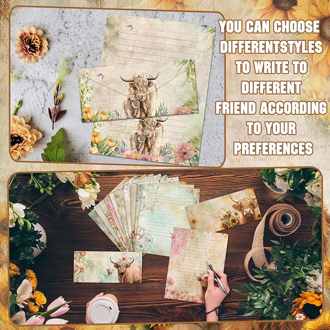 TaoBary 160 Pcs Stationery Paper Set 50 Double Sided Stationery Papers with 50 Matching Envelopes and 60 Round Dot Sticker, 10 Design(Floral Highland Cow,8.5 x 11 Inch)