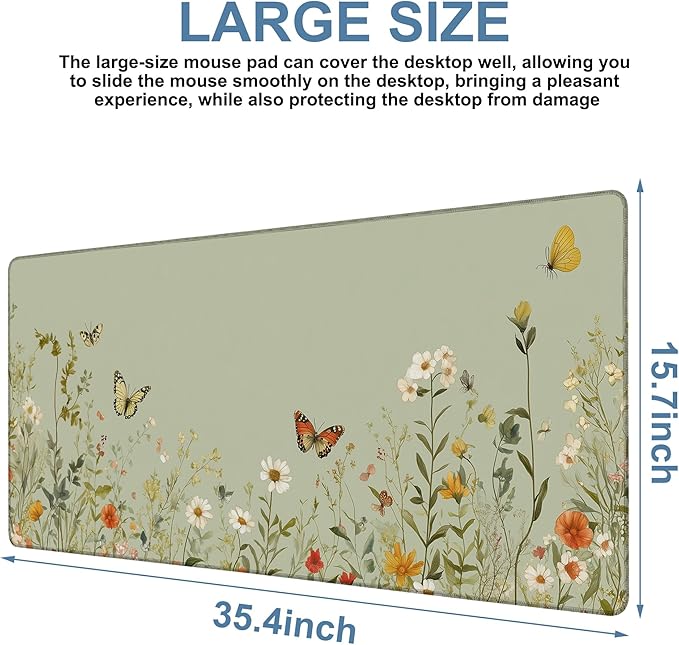 Large Mouse Pad Wildflowers Gaming Desk Pad Computer Keyboard Non-Slip Waterproof Mouse Mat with Rubber Base and Stitched Edges Entertainment Office Writing Desk Mat 35.4 x 15.7 Inches