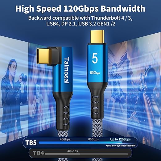 240W for Thunderbolt 5 Cable Right Angle 6.6 ft, 120Gbps Bandwidth, 80Gbps, Dual 8K, 4K 540Hz, Triple 4K 144Hz for iPhone 17, Thunderbolt 4, USB4, SSD, MacBook M4 Pro, Dock, eGPU, Mac mini M4 / M4 Pro