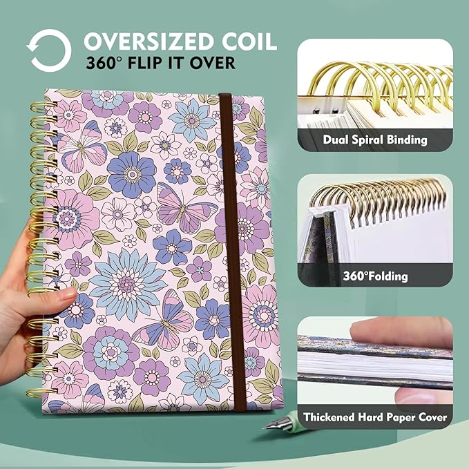 Spiral Journal Notebook,Strong TwinWire Binding with Premium Paper for Girl Women,Cool Funny 120 Pages,100gsm A5 College Ruled NotebookJournal,Perfect for Gifts Nurse Teacher Women(Cute Purple Flower)