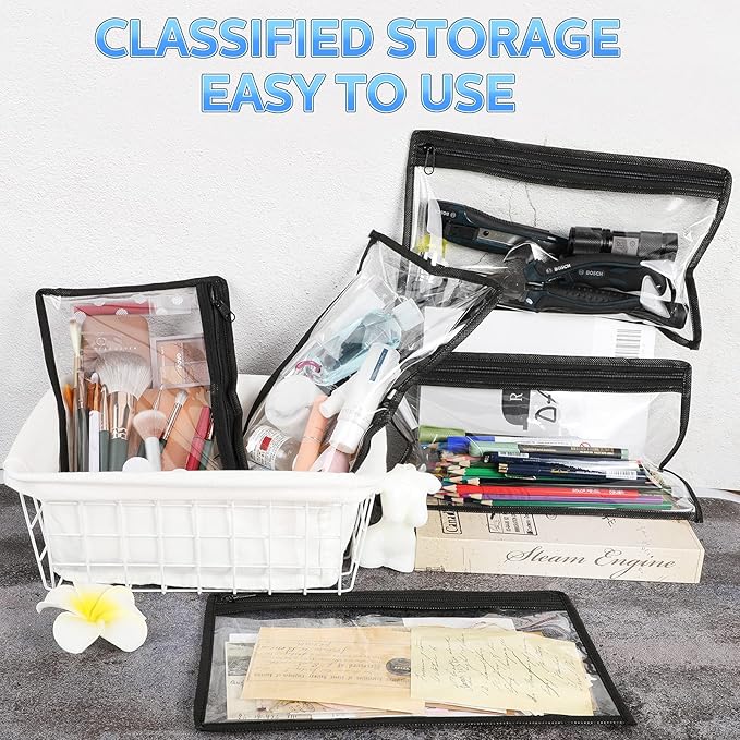 Outus 8 Pcs Clear Zipper Pouches Pencil Pouches PVC Makeup Pouch Envelopes Folder Storage Multi Purpose Pouch Document File Organization Bags, Office Supplies (Black Edging,11.5 x 7 Inches)