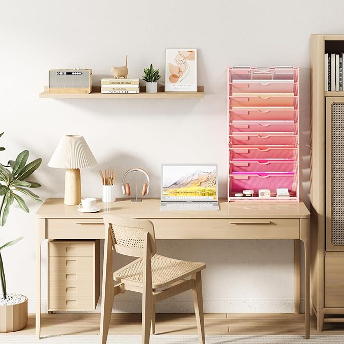 Lavatino 10-Tier Hanging Wall File Folders Organizer - Pink Metal Mesh Paper Magazine Document Mail Holder File Organizer for Office School Home Wall Mount or Desk Supplies Organization