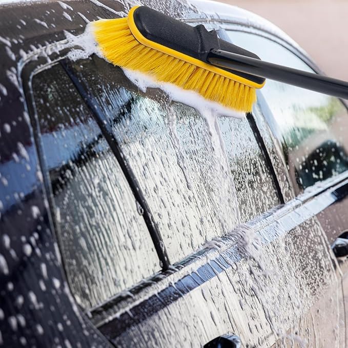 KeFanta Car Wash Brush with Long Handle, 55'' Vehicles Exterior Washing Supplies, Soft Bristle Scrub Broom for Solar Panel, Boat, RV, Truck, Deck Cleaning, 2 Wax Applicator Pads Included