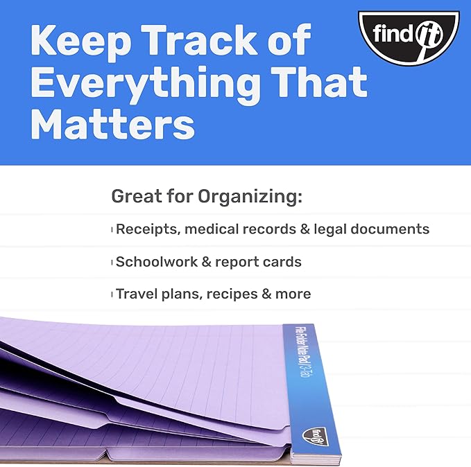 Find It File Folder Notepad - Pack of 12-9.5 x 12.5 Inch Notebook Organizer Folders for Filing, Document, and Clipboard Organization - Lavender