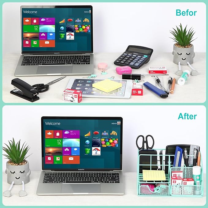 Green Desk Organizers and Accessories Office Supplies Set Stapler, Pen Holder, Phone Holder, Scissors, Pen, Ruler, 30 Paper Clips, 22 Binder Clip, 20 Tacks and 1000pcs Staples