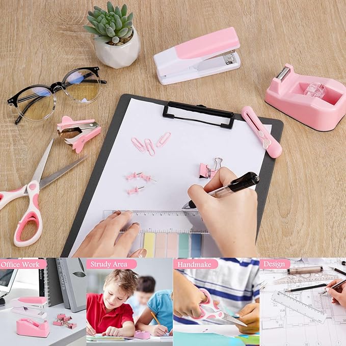 Pink Office Supplies, Pink Desk Accessories for Women, Cute Stapler and Tape Dispenser Set- Staple Remover, Clips, Staples, Scissor, Knife, Ruler, Tabs, Gift for Coworkers, Students