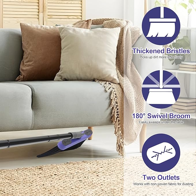Broom and Dustpan Set for Home, 54-inch Long Adjustable Handle Broom with Stand Up Dustpan, 180 Degree Rotating Broom Head & Comb Teeth - Indoor Sweeping Combo for Kitchen Lobby Floor Office (Purple)