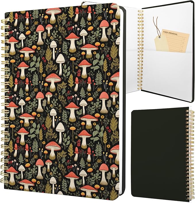 Cute Spiral Notebook journal A5 Aesthetic Pretty Floral Design for Women Girls Kawaii with Pocket, 8.5 x 5.7 inch, Mushroom
